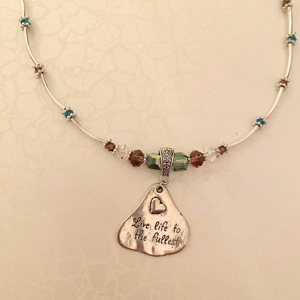 Inspirational Silver Pendant Necklace with aqua and purple Beads